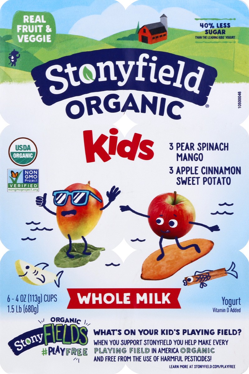 slide 6 of 10, Stonyfield Organic Kids Pear Spinach Mango & Apple Cinnamon Sweet Potato Whole Milk Yogurt Variety Pack 6-4 Oz. Cups, 1.5 lb