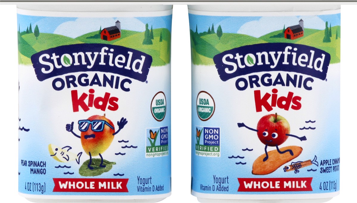 slide 9 of 10, Stonyfield Organic Kids Pear Spinach Mango & Apple Cinnamon Sweet Potato Whole Milk Yogurt Variety Pack 6-4 Oz. Cups, 1.5 lb