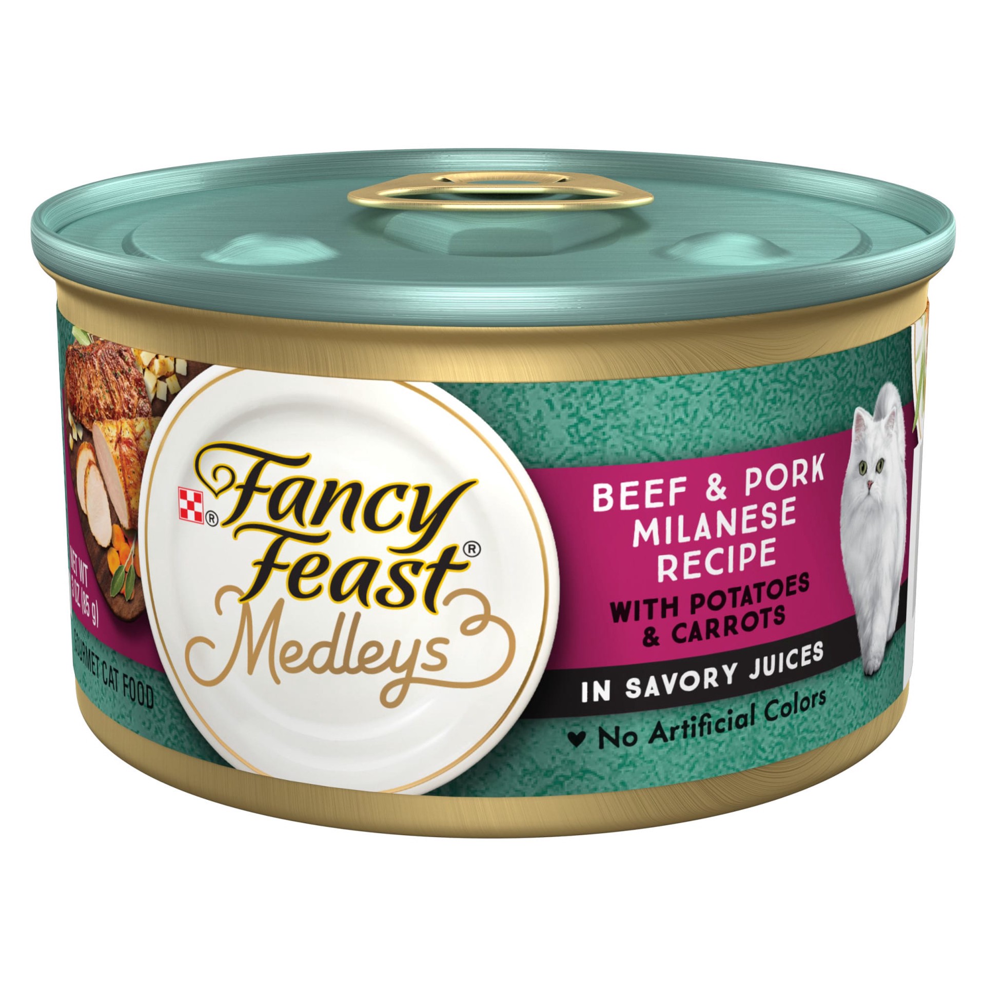 slide 1 of 6, Fancy Feast Purina Fancy Feast Medleys Beef & Pork Milanese with Carrots & Potatoes in Savory Juices - 3 oz. Can, 3 oz
