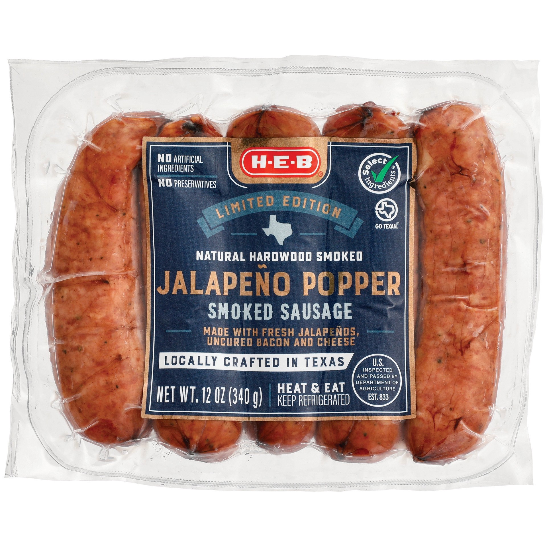 slide 1 of 1, H-E-B Jalapeño Popper Smoked Pork Sausages, 5 ct