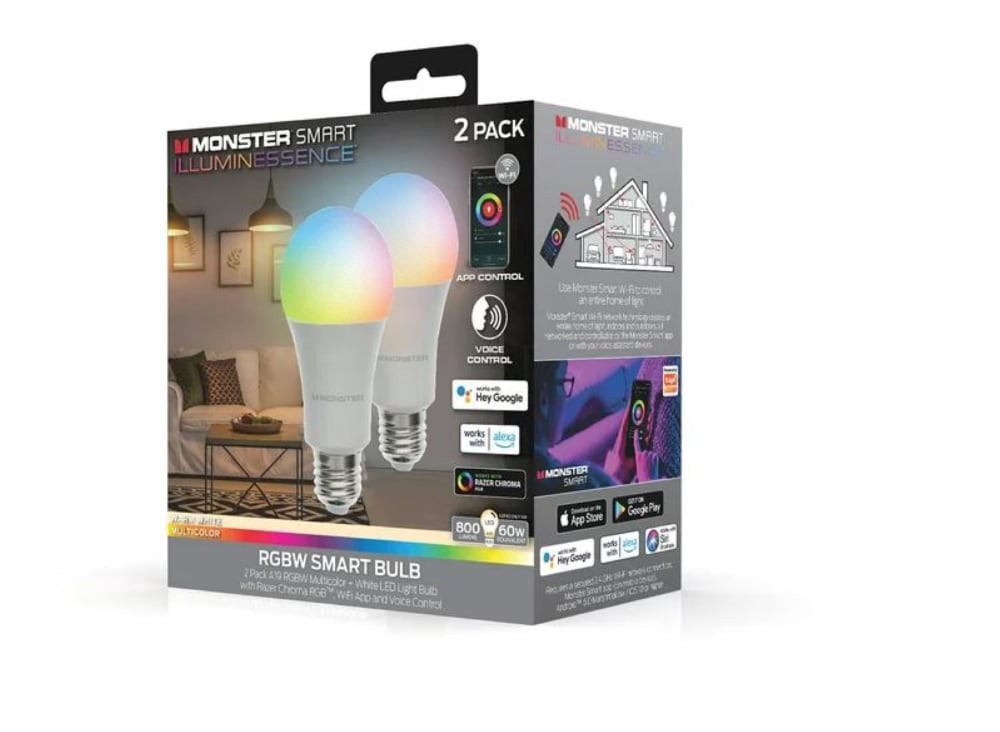 slide 1 of 1, Monster Led 60-Watts Smart Illuminessence Rgbw Light Bulb, 2 ct