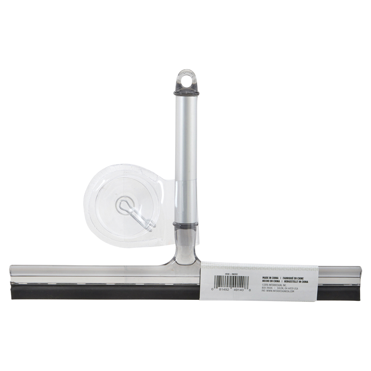 slide 5 of 5, InterDesign Metro Aluminum Shower Squeegee with Suction Storage Hook, Smoke/Silver, 12 in x 1.62 in x 7.25 in