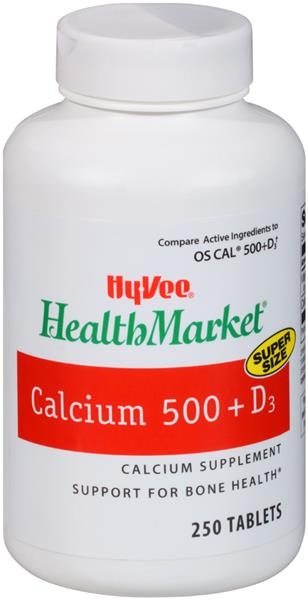 slide 1 of 1, Hy-Vee Health Market Calcium + D3, 250 ct; 500 mg
