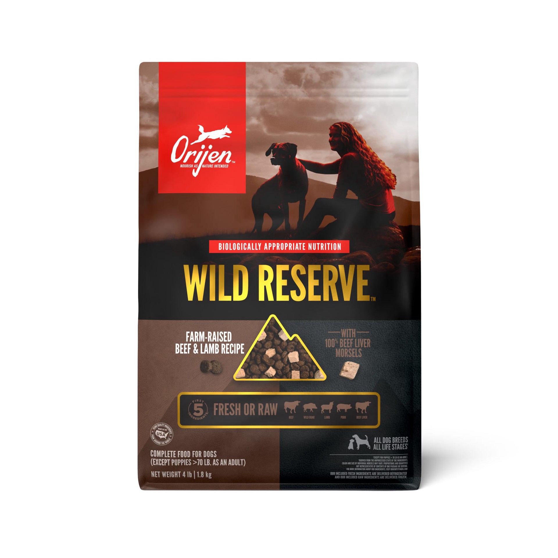 slide 1 of 1, ORIJEN Wild Reserve Dog Farm-Raised Beef & Lamb Recipe 4lb, 4 lb