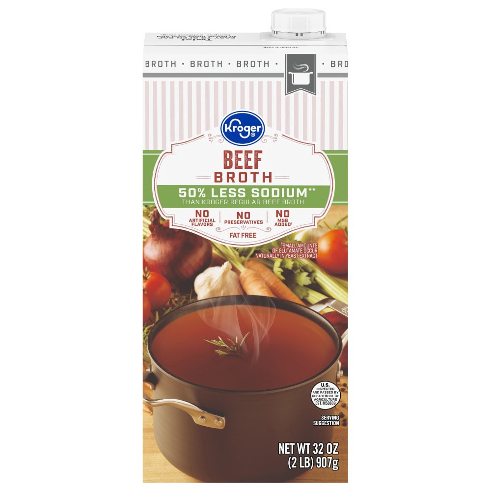 slide 4 of 6, Kroger Fat Free 50% Less Sodium Beef Broth, 32 oz