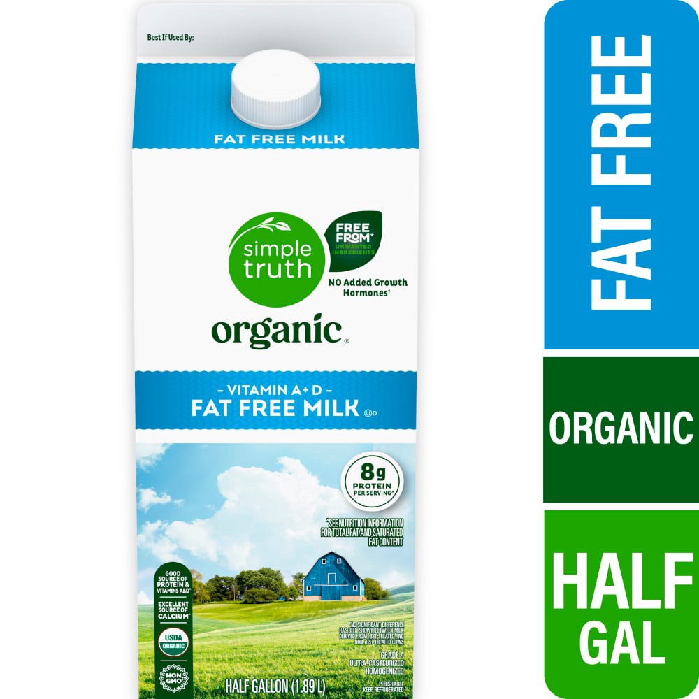 slide 1 of 3, Simple Truth Organic Fat Free Milk, 1/2 gal