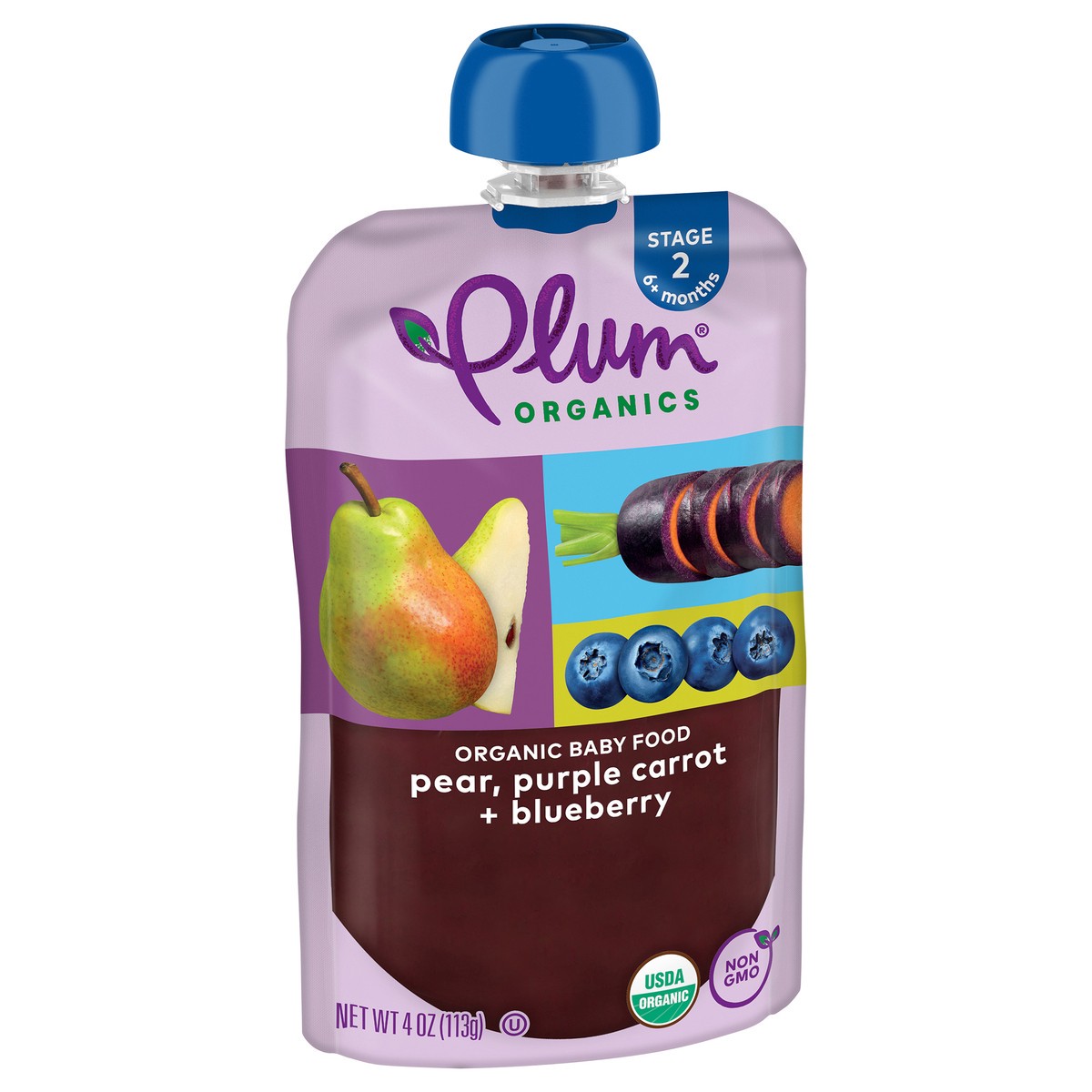 slide 4 of 9, Plum Organics Stage 2 Organic Baby Food Pear, Purple Carrot + Blueberry 4oz Pouch, 4 oz