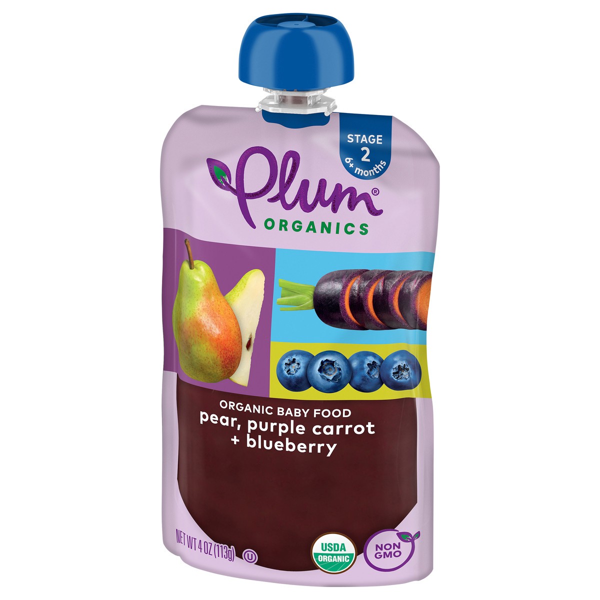 slide 2 of 9, Plum Organics Stage 2 Organic Baby Food Pear, Purple Carrot + Blueberry 4oz Pouch, 4 oz