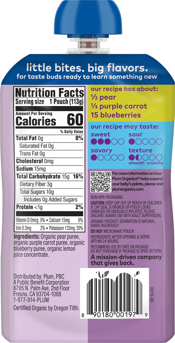 slide 6 of 9, Plum Organics Stage 2 Organic Baby Food Pear, Purple Carrot + Blueberry 4oz Pouch, 4 oz