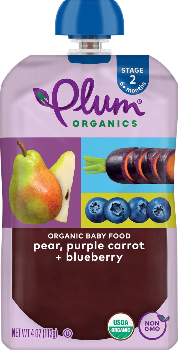 slide 5 of 9, Plum Organics Stage 2 Organic Baby Food Pear, Purple Carrot + Blueberry 4oz Pouch, 4 oz