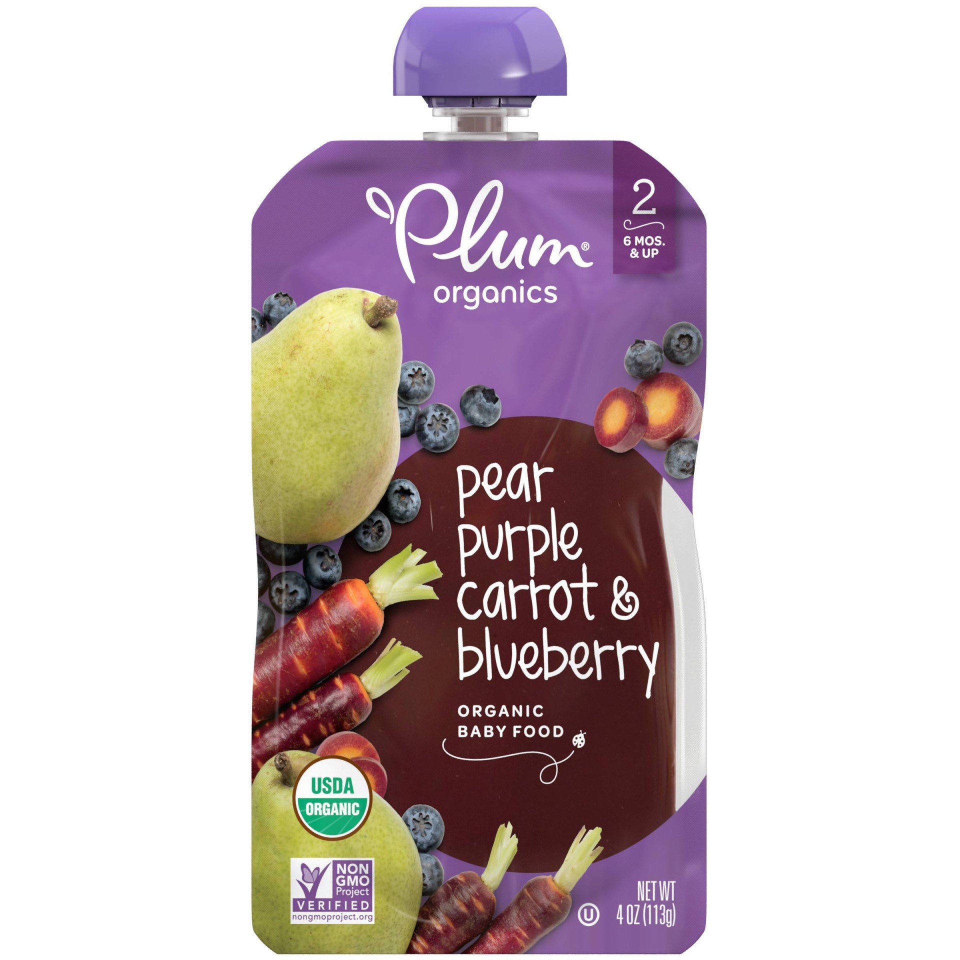 slide 1 of 9, Plum Organics Stage 2 Organic Baby Food Pear, Purple Carrot + Blueberry 4oz Pouch, 4 oz