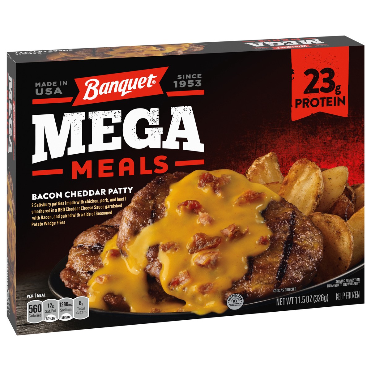 slide 10 of 11, Banquet MEGA Meals, Bacon Cheddar Patty, Frozen, 11.5 oz