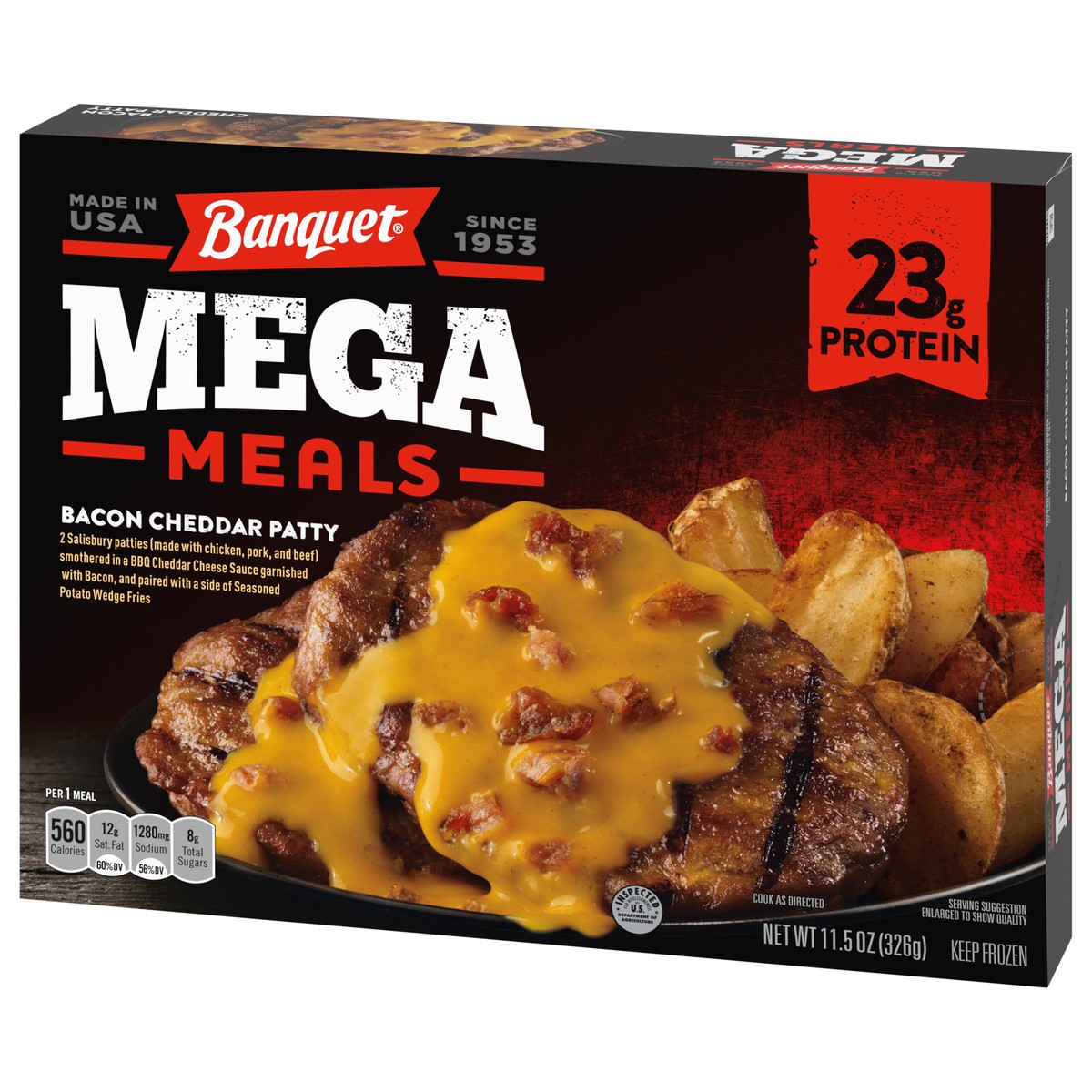 slide 8 of 11, Banquet MEGA Meals, Bacon Cheddar Patty, Frozen, 11.5 oz