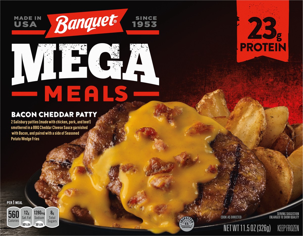 slide 6 of 11, Banquet MEGA Meals, Bacon Cheddar Patty, Frozen, 11.5 oz