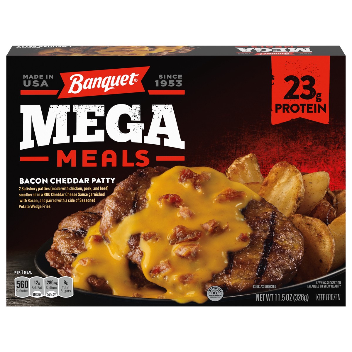 slide 11 of 11, Banquet MEGA Meals, Bacon Cheddar Patty, Frozen, 11.5 oz