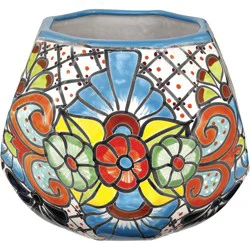 Blue Orange Pottery Fiesta Octagon Rim Ball Talavera Planter