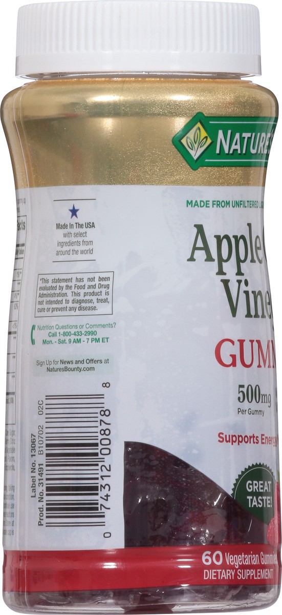 slide 5 of 9, Nature's Bounty Apple Cider Vinegar Gummies Dietary Supplement, Raspberry Pomegranate Flavor, 500 Mg, 60 Count, 60 ct