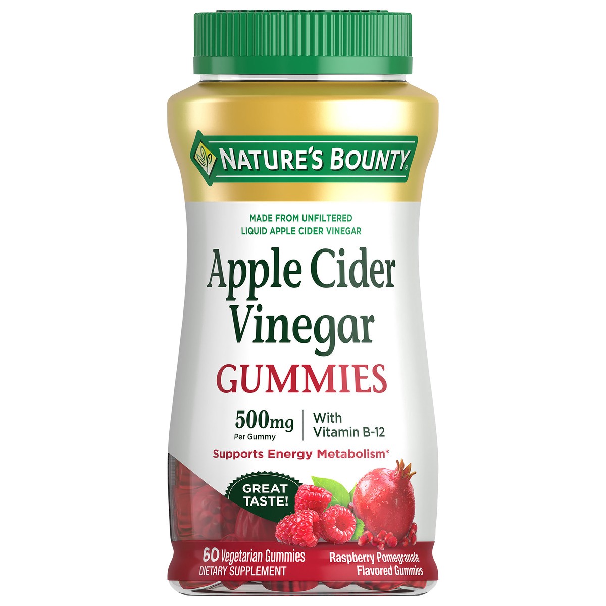 slide 1 of 9, Nature's Bounty Apple Cider Vinegar Gummies Dietary Supplement, Raspberry Pomegranate Flavor, 500 Mg, 60 Count, 60 ct