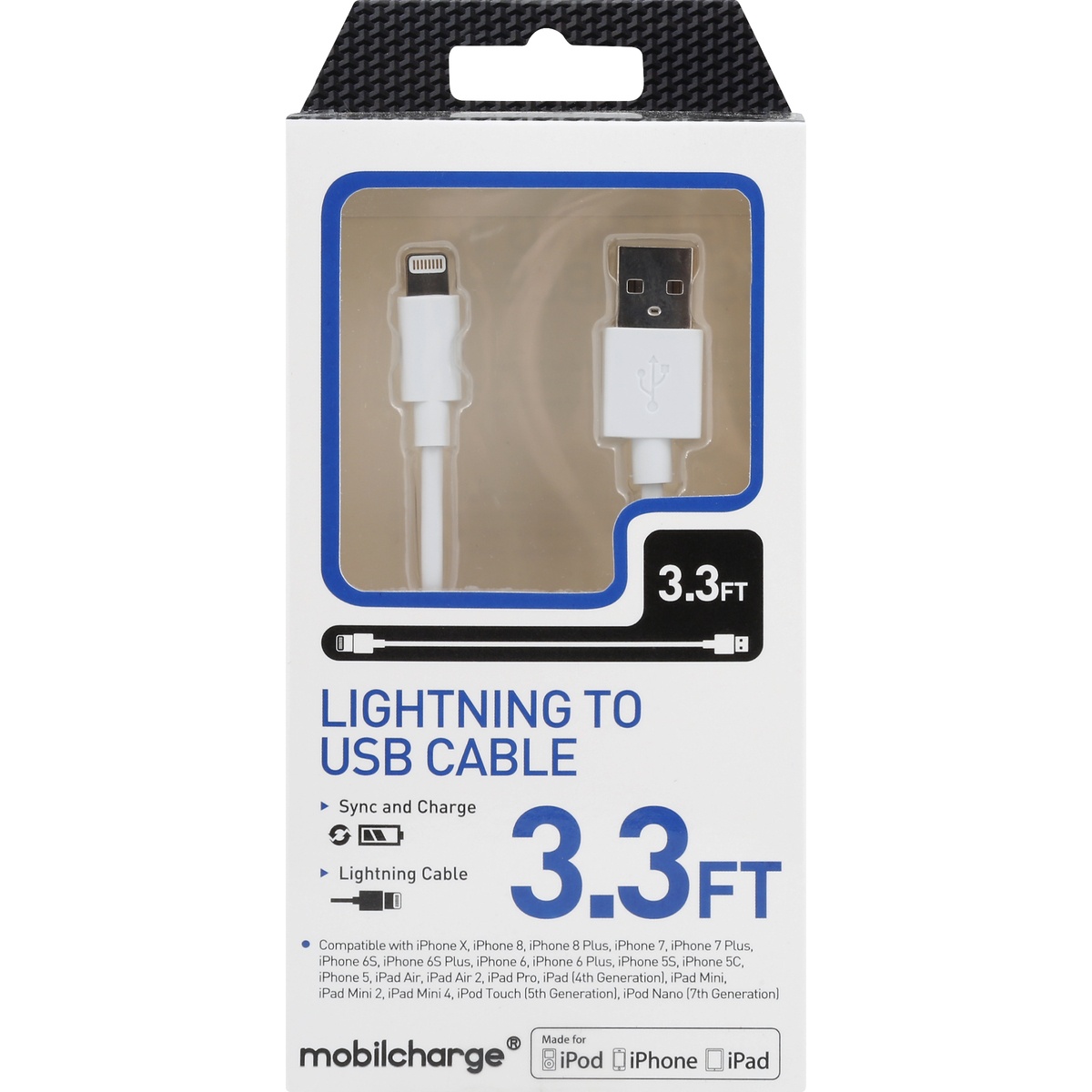 slide 1 of 1, Mobile Essentials MFi Light Sync Cable White, 3.3 ft