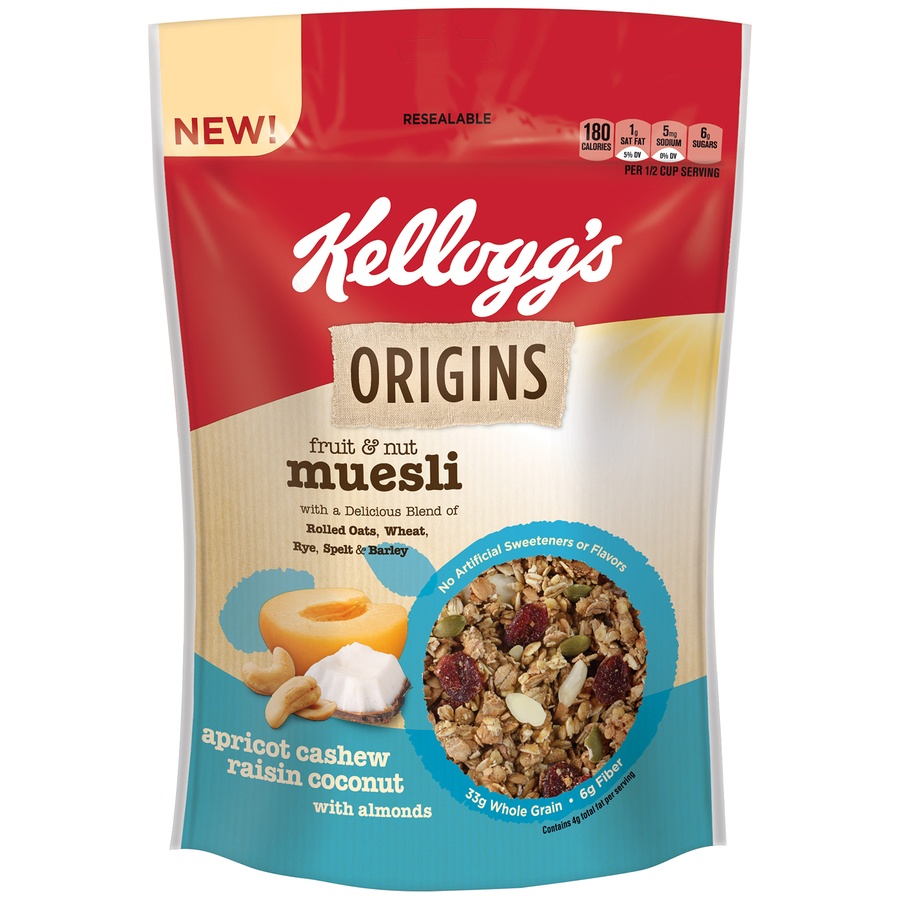 slide 1 of 1, Kellogg's Origins Fruit & Nut Muesli Apricot Cashew Raisin Coconut with Almonds, 14.1 oz