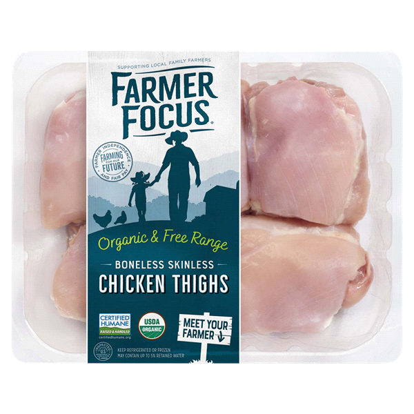 slide 1 of 1, Farmer Focus Organic Boneless Skinless Chicken Thighs, per lb