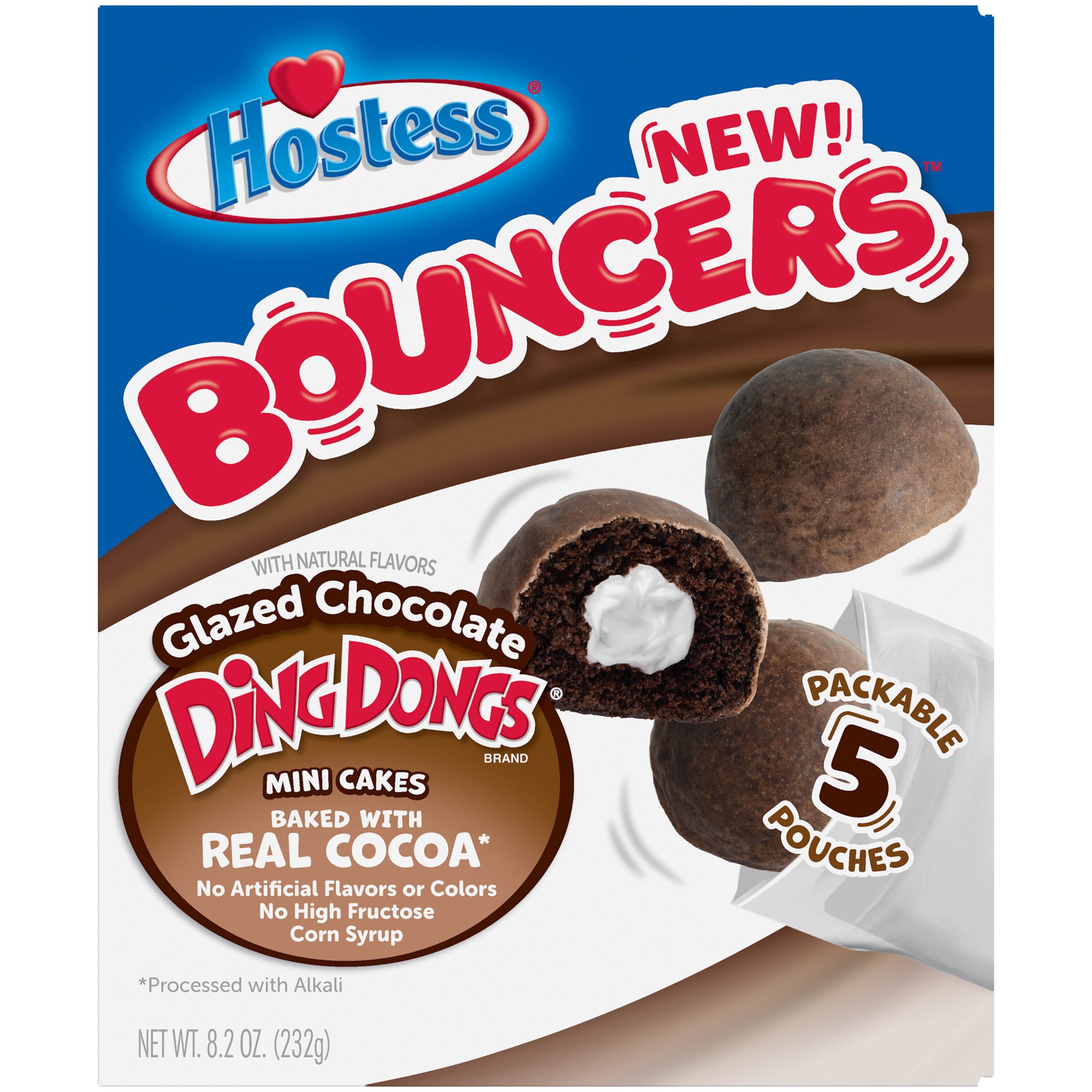 slide 1 of 16, HOSTESS BOUNCERS Glazed Chocolate DING DONGS, Packable Pouches, Perfect for Lunchboxes – 5 Pouches , 8.2 oz, 9.95 oz