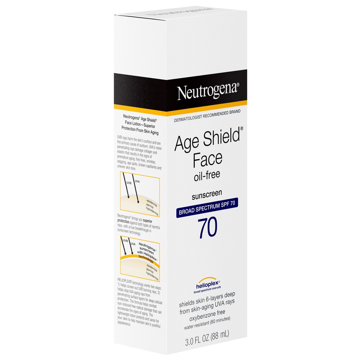 slide 12 of 15, Neutrogena Age Shield Face Oil-Free Sunscreen Lotion with Broad Spectrum SPF 70, Non-Comedogenic Moisturizing Sunscreen to Help Prevent Signs of Aging, PABA-Free, 3 fl. oz, 3 fl oz