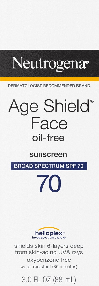 slide 15 of 15, Neutrogena Age Shield Face Oil-Free Sunscreen Lotion with Broad Spectrum SPF 70, Non-Comedogenic Moisturizing Sunscreen to Help Prevent Signs of Aging, PABA-Free, 3 fl. oz, 3 fl oz