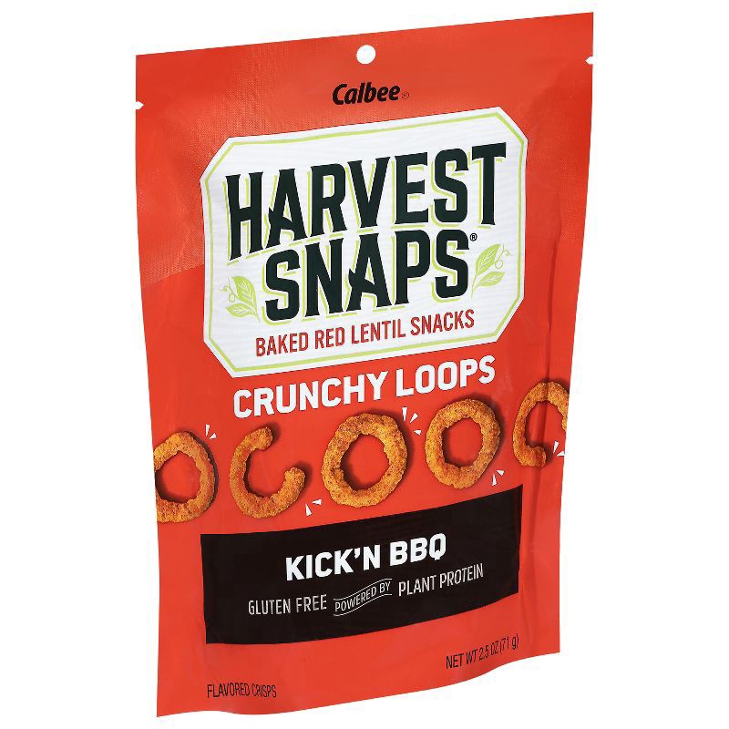 slide 2 of 6, Harvest Snaps Crunchy Loops Kick'n BBQ Baked Red Lentil Snacks 2.5 oz, 2.5 oz