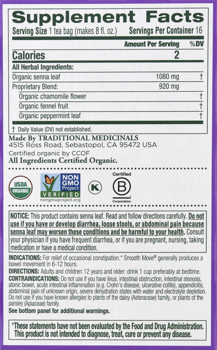 slide 8 of 9, Traditional Medicinals Organic Smooth Move Chamomile, Caffeine Free Herbal Laxative Tea, 16 ct