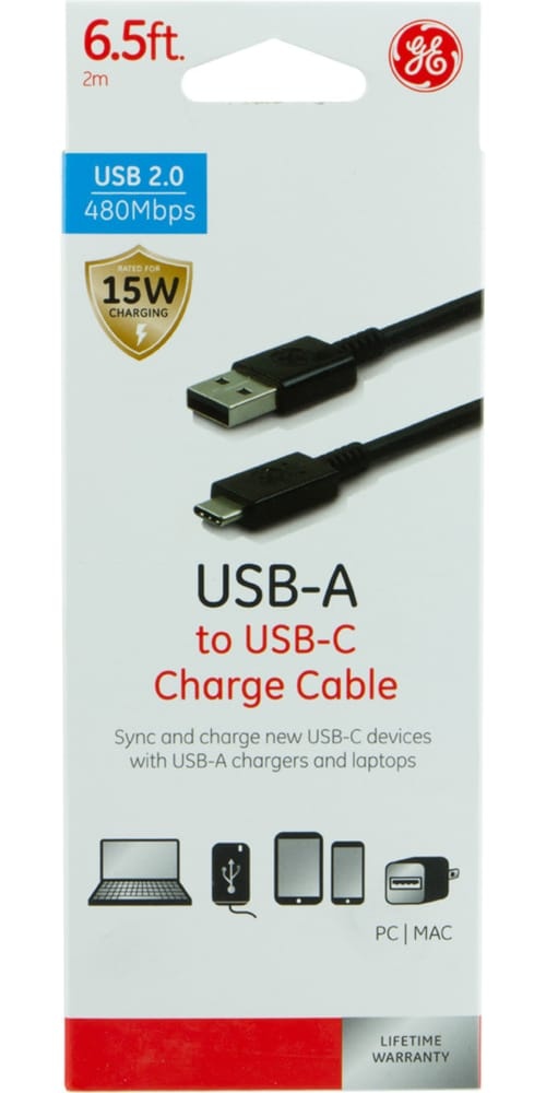 slide 1 of 1, Ge Usb-A To Usb-C Charge Cable - Black, 6.5 ft