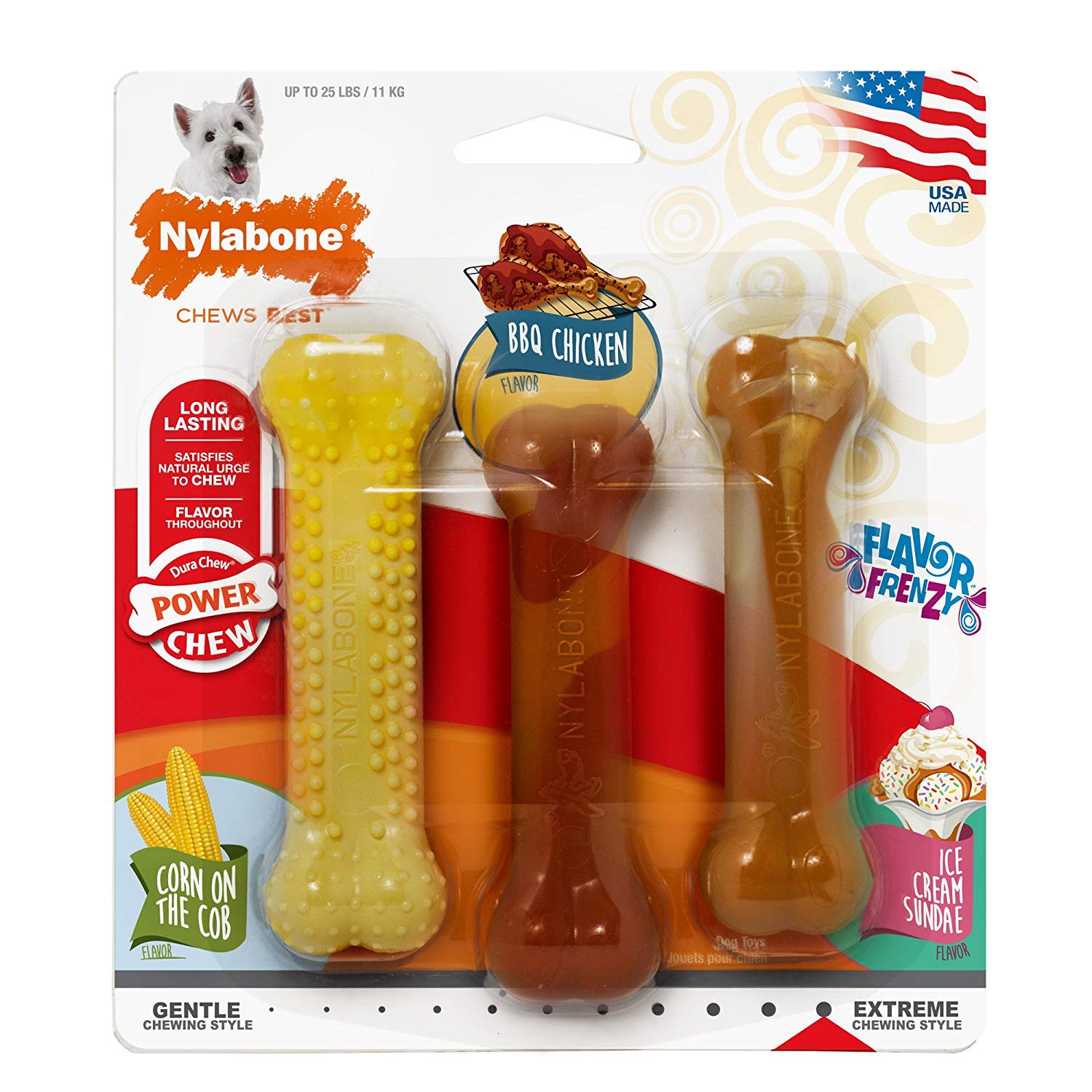 slide 1 of 9, Nylabone Flavor Frenzy Power Chew Triple Pack Chicken, Corn, & Ice Cream Sundae Small/Regular - Up to 25 Ibs.(3 Count), 4.8 oz; SM