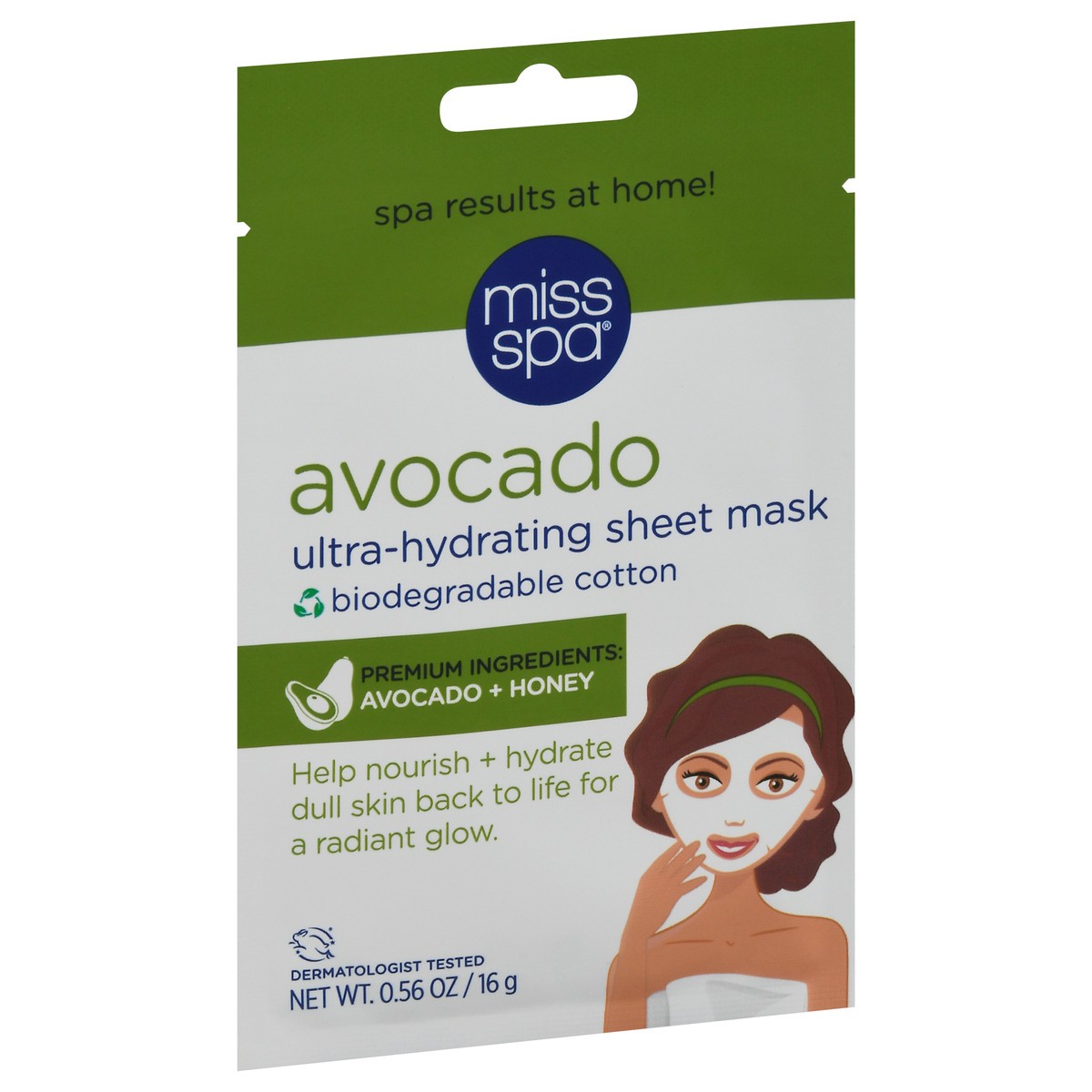 slide 2 of 9, Miss Spa Avocado Biodegradable Facial Sheet Mask, 0.56 oz