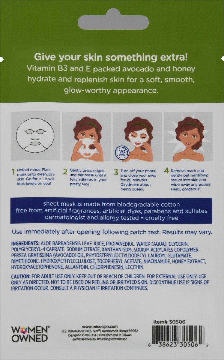 slide 6 of 9, Miss Spa Avocado Biodegradable Facial Sheet Mask, 0.56 oz