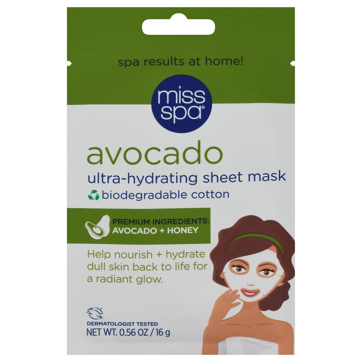 slide 1 of 9, Miss Spa Avocado Biodegradable Facial Sheet Mask, 0.56 oz