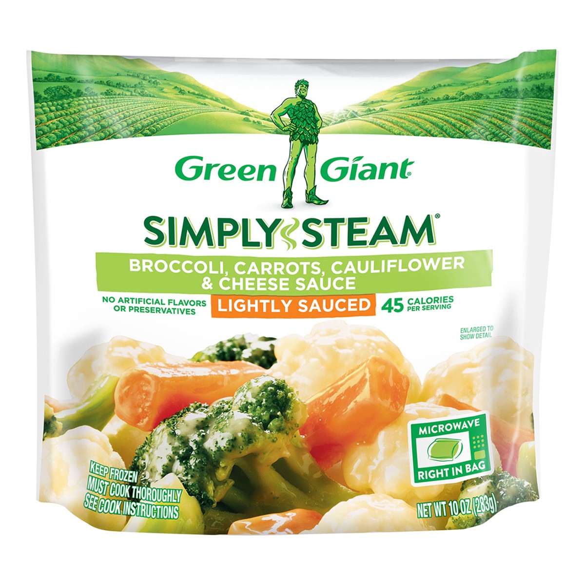 slide 1 of 4, Green Giant Simply Steam Lightly Sauced Broccoli, Carrots, Cauliflower & Cheese Sauce 10 oz, 12 oz