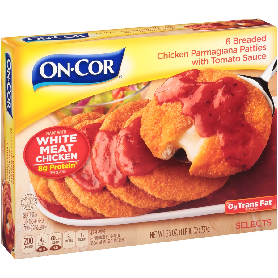 slide 2 of 8, On-Cor Selects Breaded Chicken Parmagiana Patties With Tomato Sauce, 26 oz