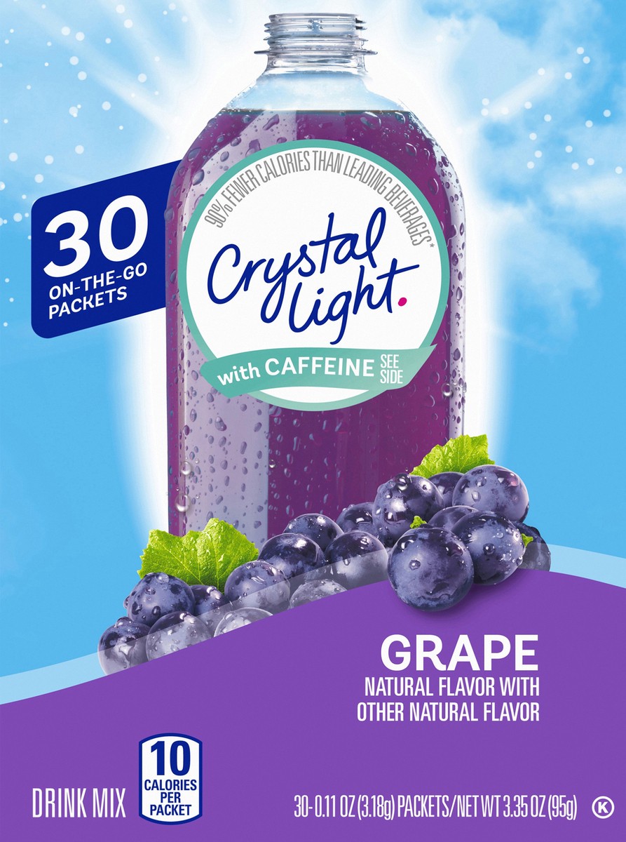 slide 4 of 9, Crystal Light Grape Naturally Flavored Powdered Drink Mix with Caffeine, 30 ct On-the-Go Packets, 30 ct