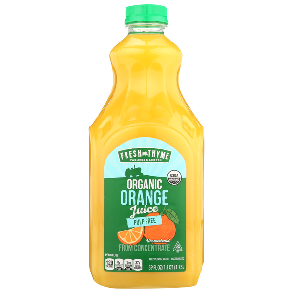 slide 1 of 1, Fresh Thyme Farmers Market Organic Orange Juice, Pulp Free, 59 fl oz