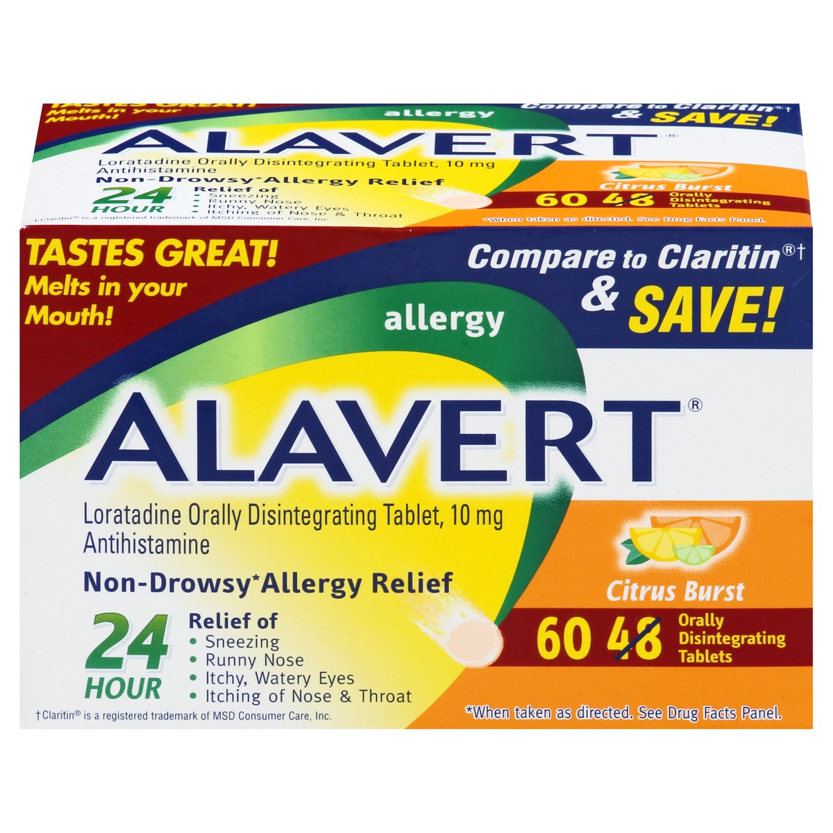 slide 1 of 6, Alavert Non-Drowsy 24-Hour Allergy Relief Orally Disintegrating Tablets in Citrus Burst Flavor, 60 ct