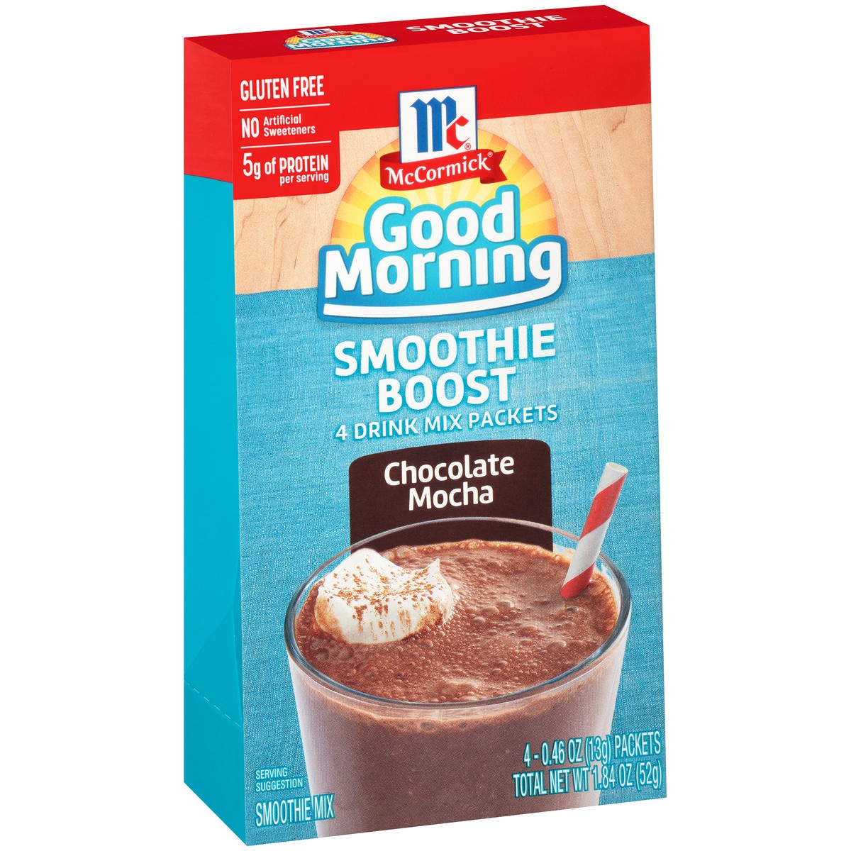 slide 4 of 13, McCormick Good Morning Chocolate Mocha Smoothie Boost Drink Mix Packets 4-0.46 oz Packets, 1.84 oz