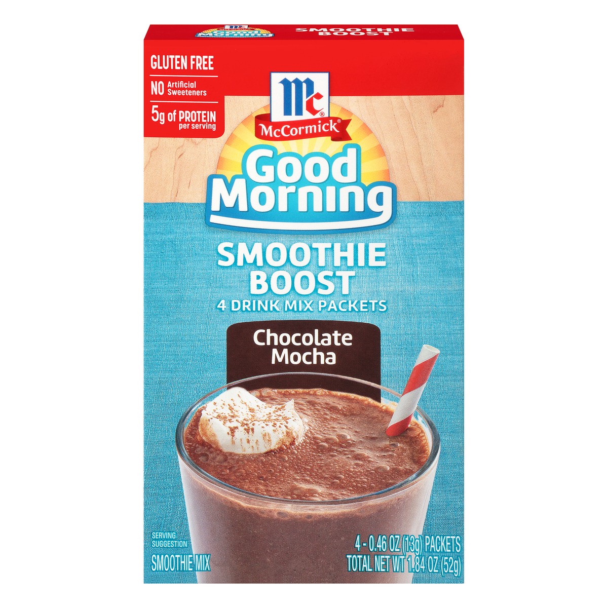 slide 13 of 13, McCormick Good Morning Chocolate Mocha Smoothie Boost Drink Mix Packets 4-0.46 oz Packets, 1.84 oz