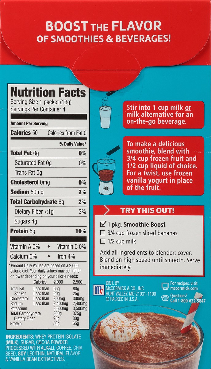 slide 10 of 13, McCormick Good Morning Chocolate Mocha Smoothie Boost Drink Mix Packets 4-0.46 oz Packets, 1.84 oz