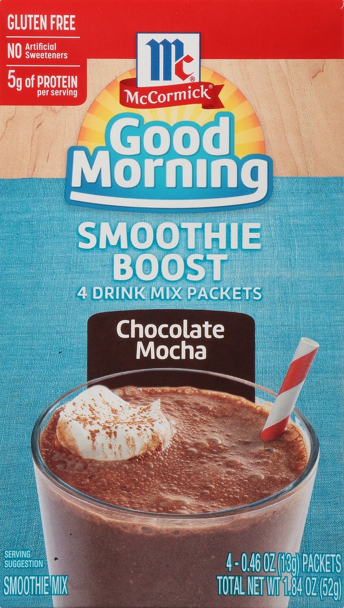 slide 1 of 13, McCormick Good Morning Chocolate Mocha Smoothie Boost Drink Mix Packets 4-0.46 oz Packets, 1.84 oz