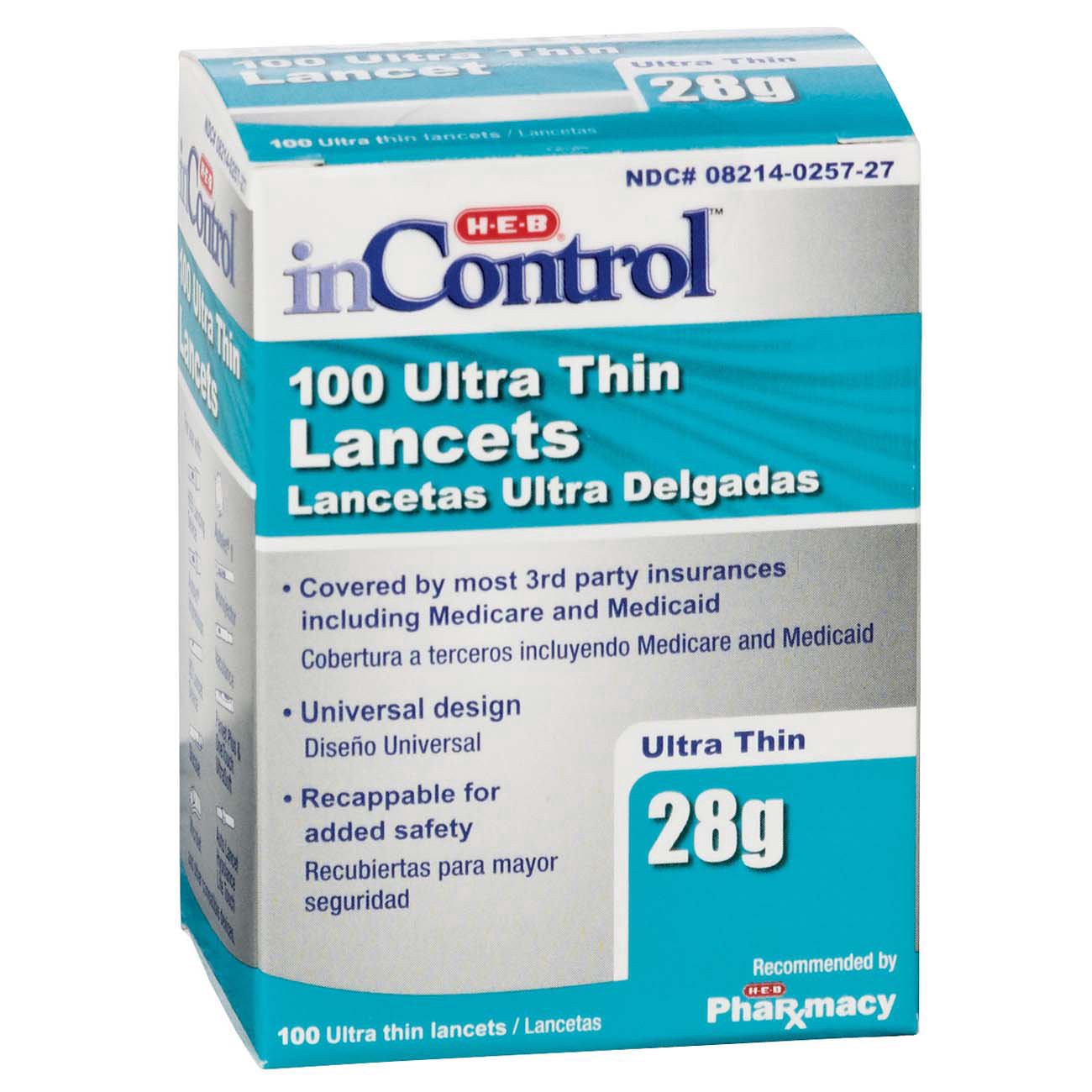 slide 1 of 1, H-E-B InControl Ultra Thin 28 Gauge Lancets, 100 ct