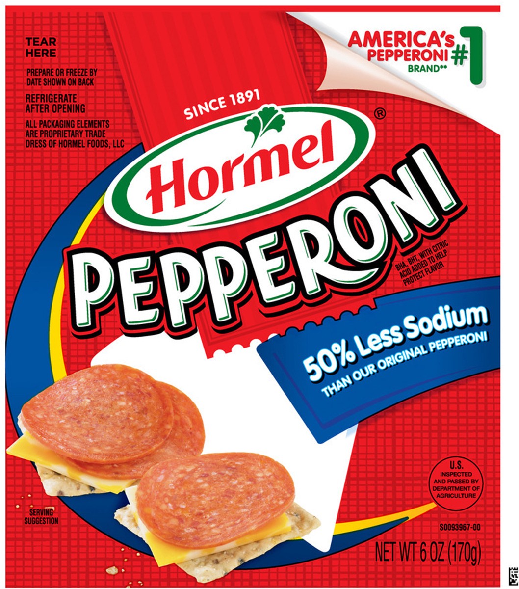 slide 4 of 7, Hormel 50% Less Sodium Pepperoni 6 oz. ZIP-PAK, 6 oz