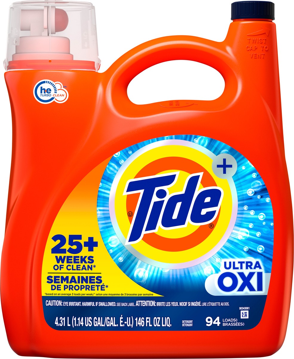 slide 4 of 4, Tide Ultra Oxi Liquid Laundry Detergent, 94 loads, 146 fl oz, HE Compatible, 1.14 gal