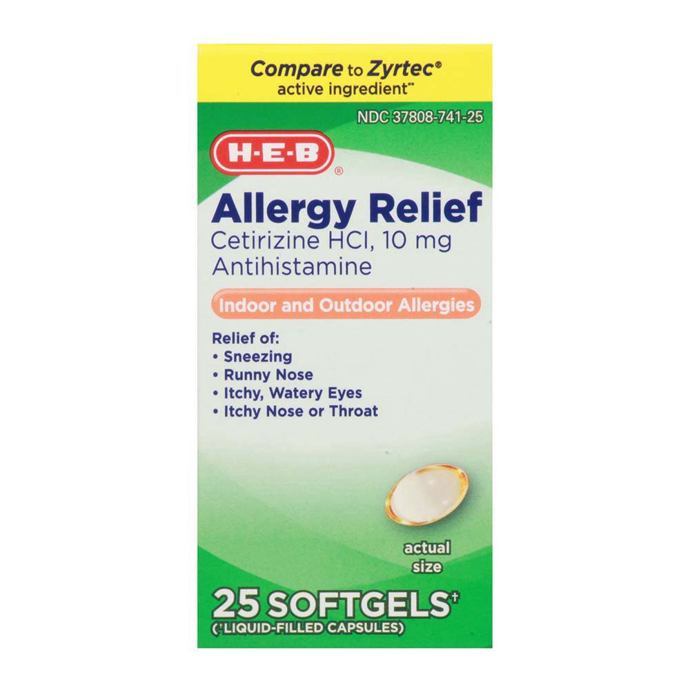 slide 1 of 1, H-E-B Allergy ReliefCetirizine 24 Hour Softgels – 10 mg, 25 ct