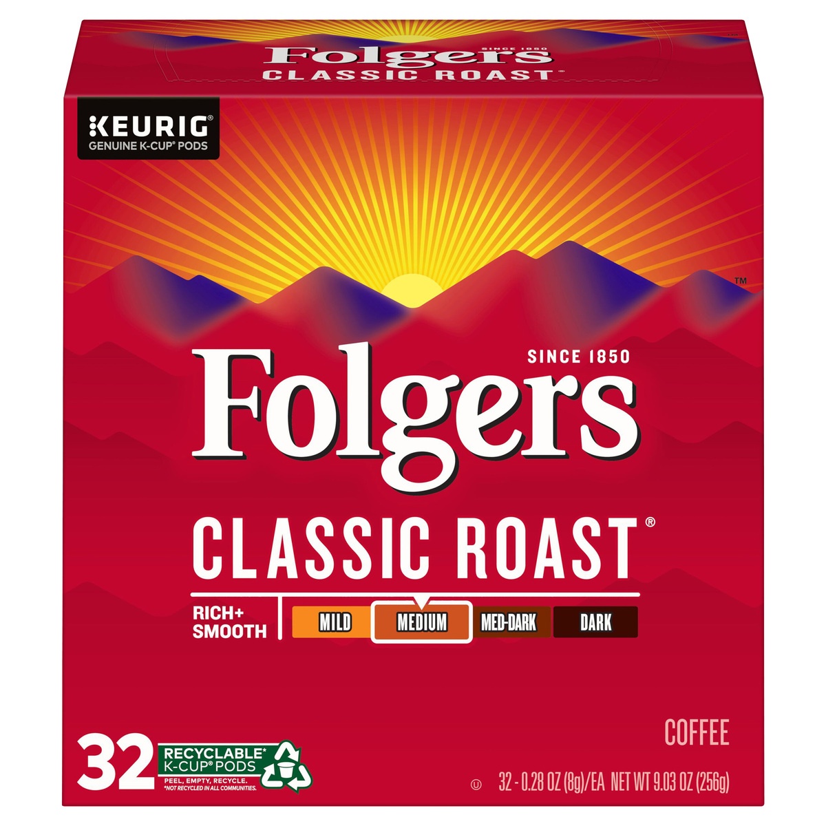 slide 1 of 8, Folgers Classic Roast Medium Roast Coffee K-Cup Pods, 32 ct