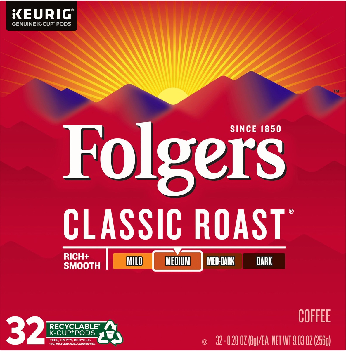 slide 7 of 8, Folgers Classic Roast Medium Roast Coffee K-Cup Pods, 32 ct